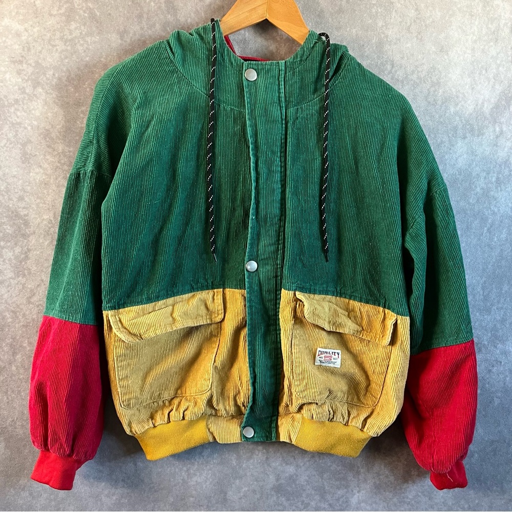 Zaful Jacket Mens S Green Colorblock Corduroy Zip Up Hoodie **See Description**